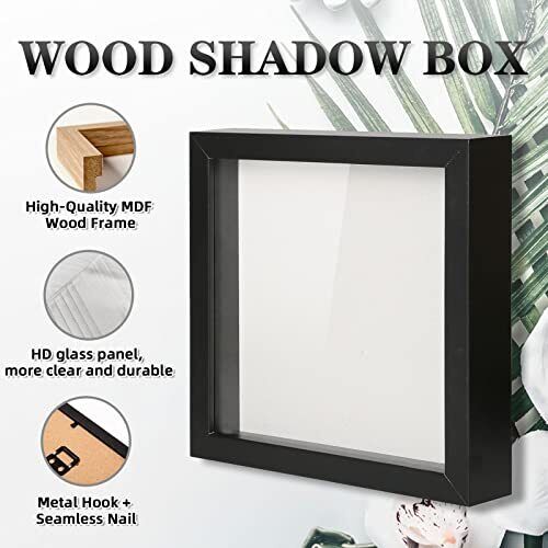 Muzilife 8x8 Shadow Box Picture Frame with Linen Board - Deep Wood & Glass Display Case Ready to Hang Memory Box Baby Sports Memorabilia, Pins, Awards