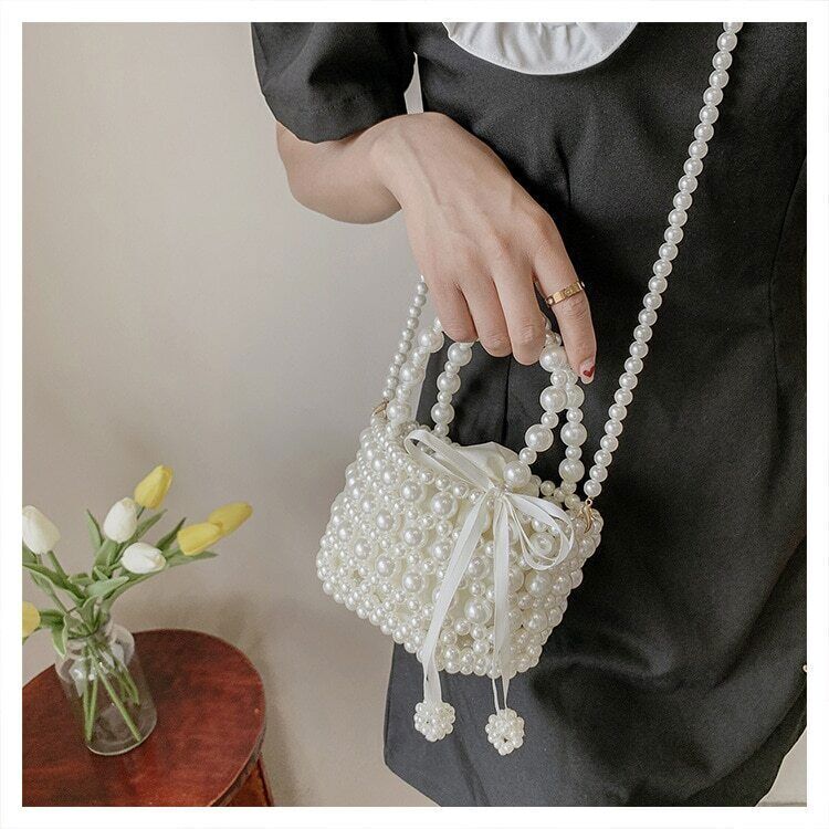 【suzen】Pearl Square Chain Bag Pearl Woven Handbag Chain Shoulder Bags Women Travel