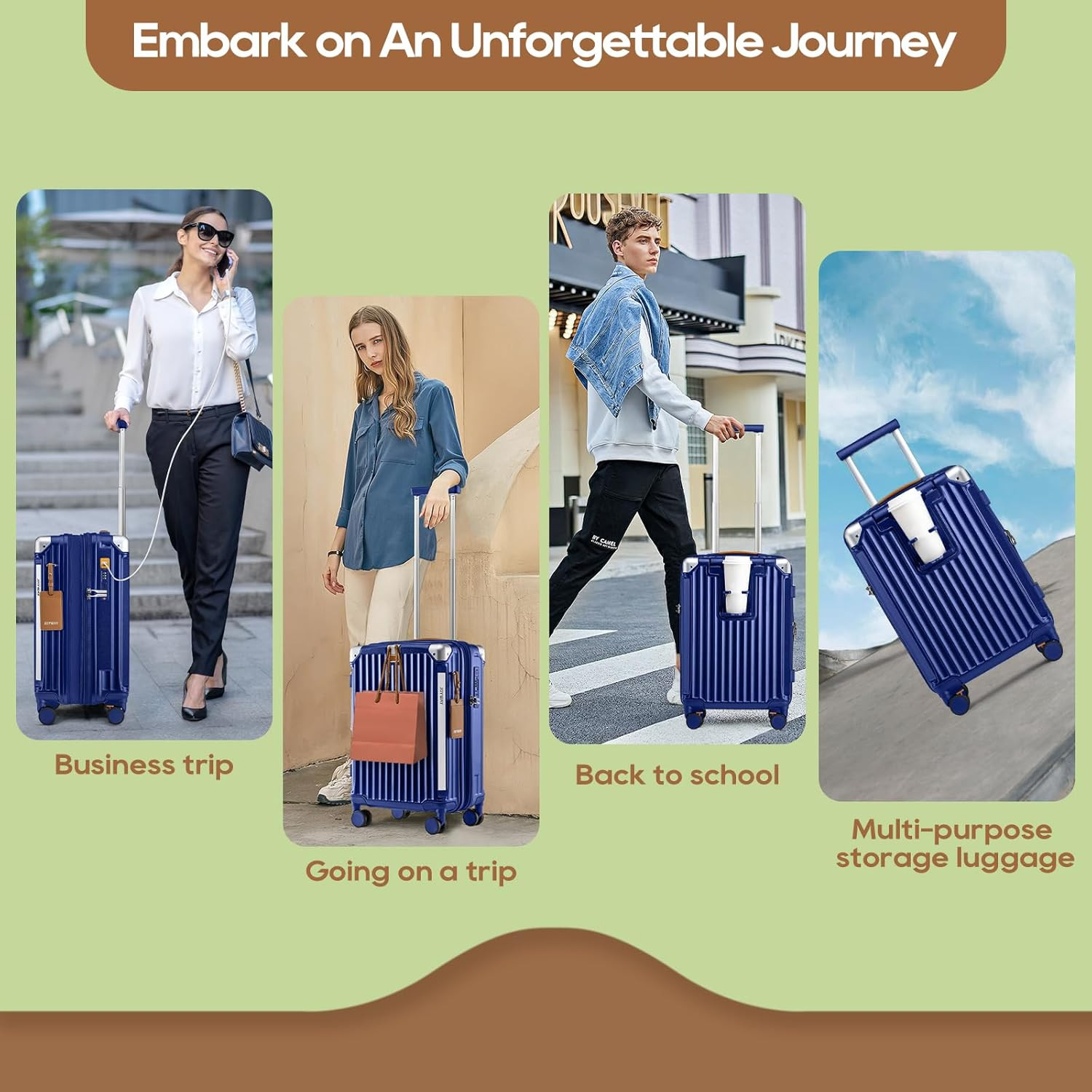 Smart 20" Carry-On Luggage Set with USB Port & Cup Holder - Expandable Blue