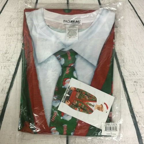Men's LARGE Ugly Xmas Sweater Faux Noel Biker Hairy Belly Wiener Cardigan Santa - Picture 46 of 59