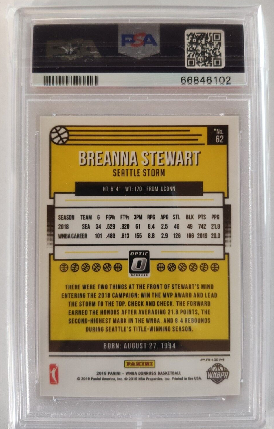 2019 Donruss WNBA Breanna Stewart #62 OPTIC HOLO SP PSA 9 view 2