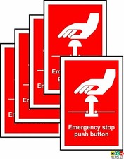 Emergency Stop Push button Sign - Self adhesive sticker 70mm x 50mm PACK of 5