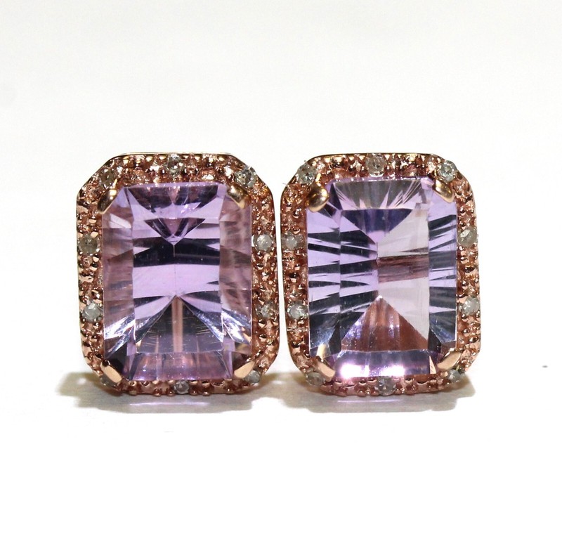 New 10k rose gold .05ct diamond amethyst natural gemstone halo stud earrings
