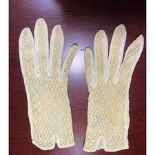 Vintage One Size Stretch Nylon Lace Geometric Formal 8" Gloves Yellow