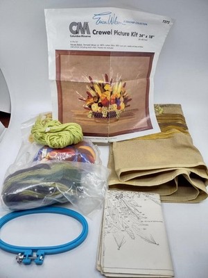 Vtg Erica Wilson CM Harvest Basket Crewel Kit Started Autumn Fall Fruit Corn