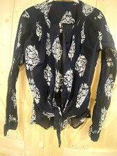 Women  s Black/White Floral Long Sleeve Button Front Blouse Regular Size M