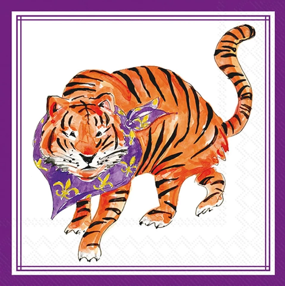 BOSTON INTERNATIONAL Purple Prowling Tiger Hometown Pride Cocktail Napkin 5"x5", Sports Mascot