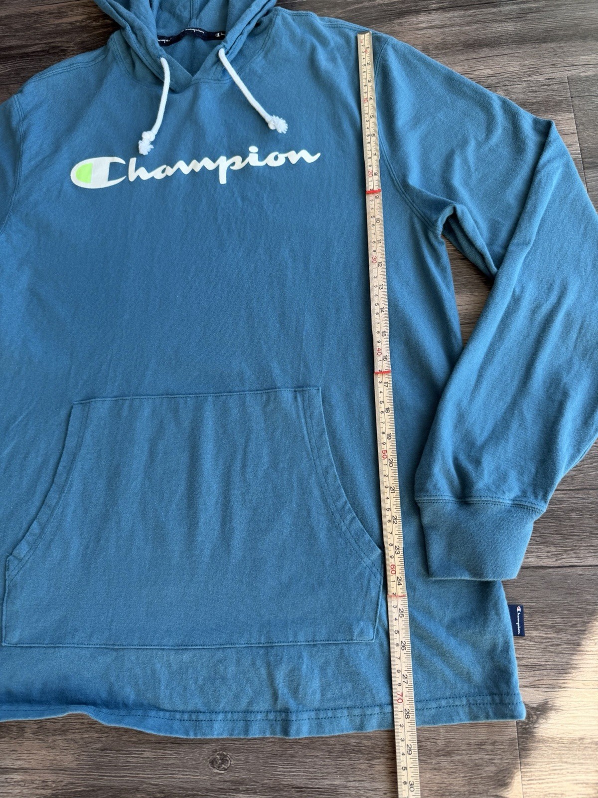 Champion Spellout Hoodie Mens L Teal Blue Lightweight Cotton Hooded T Shirt thumbnail 6