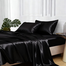 Satin Bed Sheets, Queen Size Sheets Set, 4 Pcs Silky Bedding Set with Elastic Co