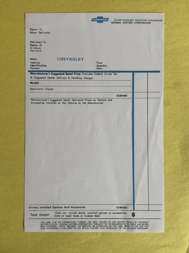 Vintage Chevrolet GM Blank Window Sticker Monroney Label Form 1958-1968 ...