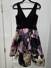 X by Xscape Floral Print Fit & Flare Black Size 8 Mesh Waist Cocktail Dress