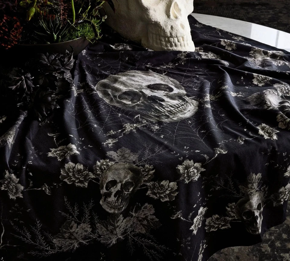 Pottery Barn Skull Toile Organic Cotton Table Throw 50"x50" MSRP $99 NWT - Image 4 of 4