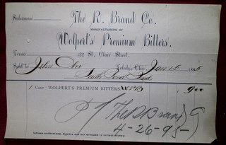 Old 1895 Invoice from The R. Brand Co. Toledo Oh. For Wolpert's Premium Bitters