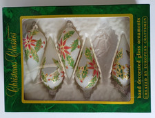 5 VTG Commodore Glass Ornament TEARDROP Hand Decorate European 4.5 Poinsettia”