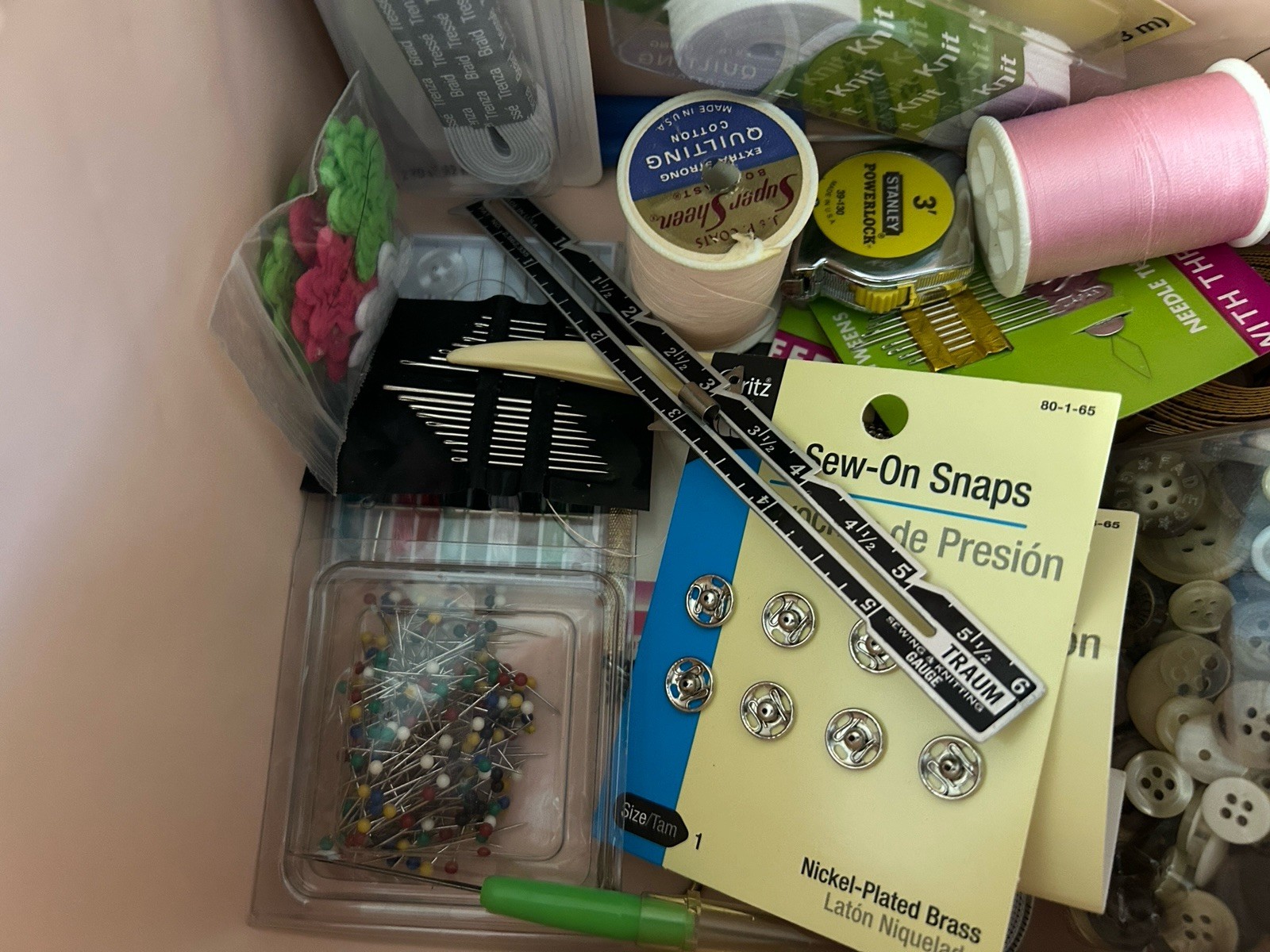 Vintage 1980s-90s Sewing Box Basket Woven Blue Peach Floral Contents Included