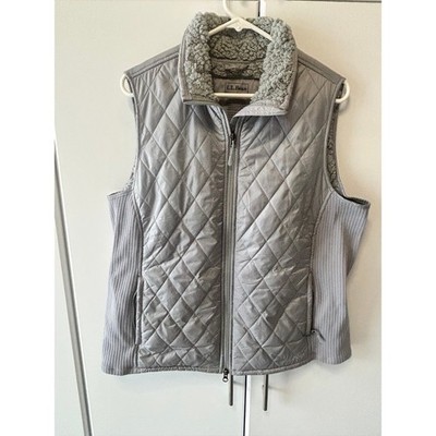 LL Bean Womens Quilted Vest Gray Sherpa Lined Full Zip Ribbed Side Panels