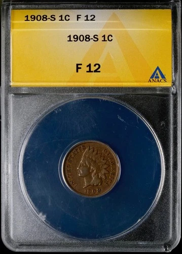 1908-S Indian Head Cent Penny 1C ANACS FINE 12 F 12 Type 3, Bronze