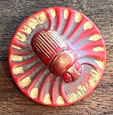 Antique Art Deco Red Czech Glass Scarab Button Painted Egyptian Beetle 1-1/16"