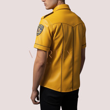 Men  s Blue Leather Police Shirt Short Sleeve   Gay Fetish Style  Real Sheepskin