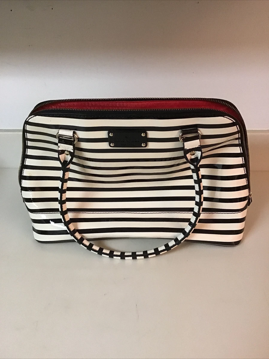 Kate Spade New York Black White Striped Tote Bag Shoulder Purse Zipper