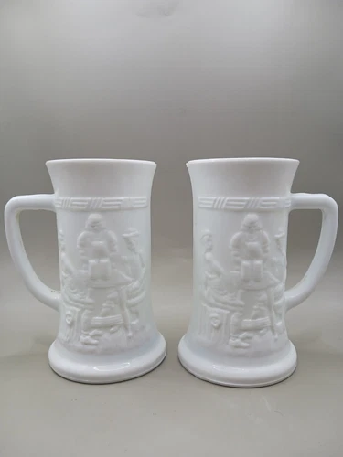 Vintage Beer Stein Mug Tankard Milk Glass Embossed Scene Federal Glass Set of 2