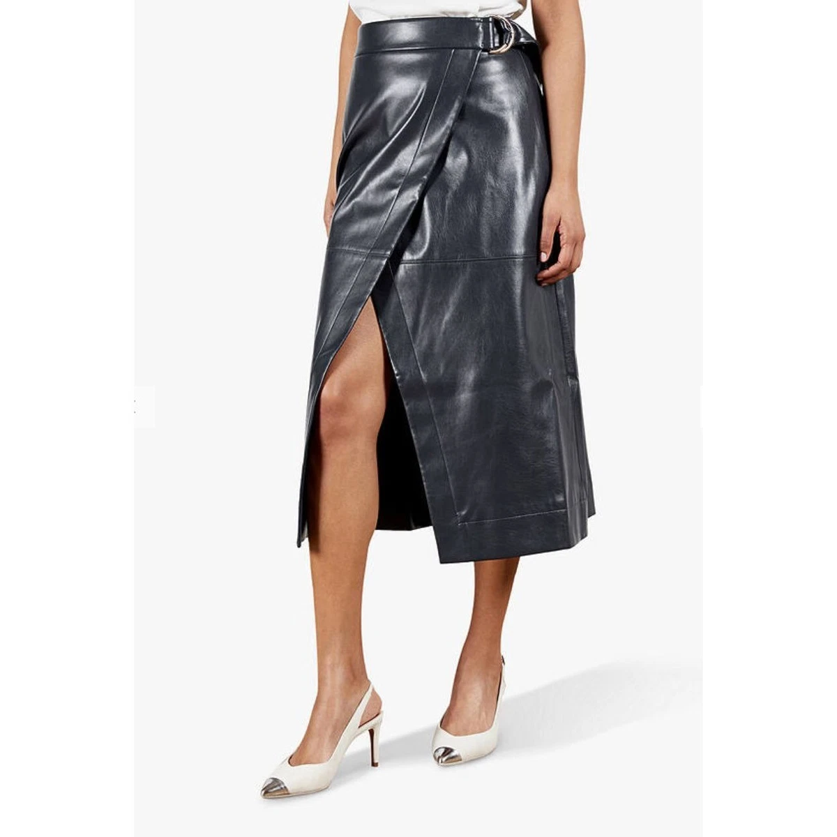 TED BAKER ELII Faux Leather Midi Wrap Skirt Navy Size 0 US 00
