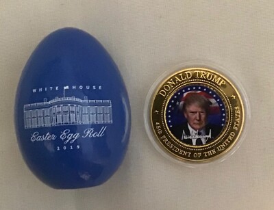 PHOTO TRUMP CHALLENGE COIN + 2019 EASTER BLUE EGG WHITE HOUSE REPUBLICAN GOP