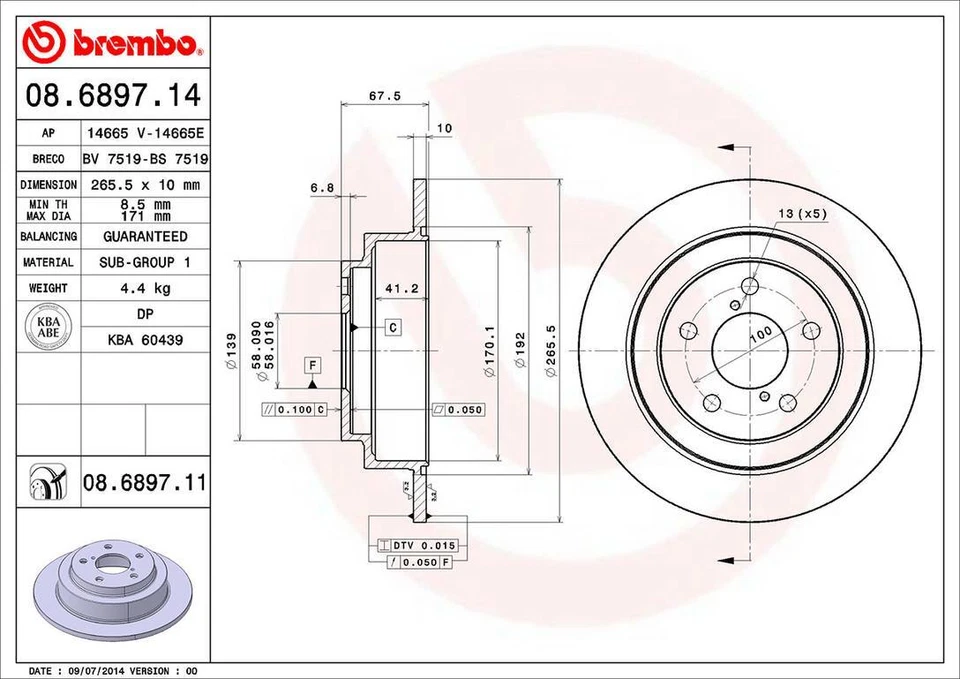 Brembo 08.6897.11 265mm Rear Disc Brake Rotor for 1998-2008 Subaru Forester - Image 3 of 4