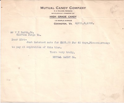 1926 Mutual Candy Company Covington VA R. S. Williams Clifton Forge Virginia