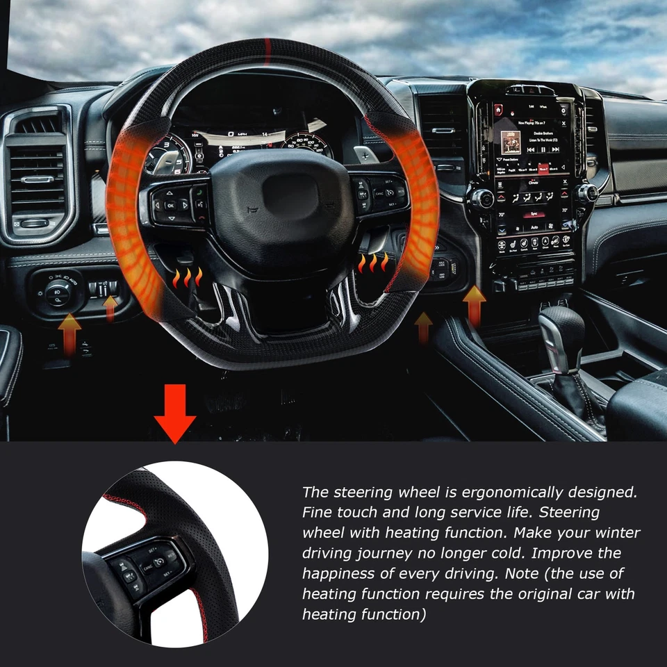 Volante de fibra de carbono real para Dodge RAM 1500 con calefacción 2018-2024 Foto 2 de 4