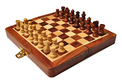 Handmade Magnetic Wooden Chess Board & Chessmen Set with Extra Queens 7.5x7.5''
