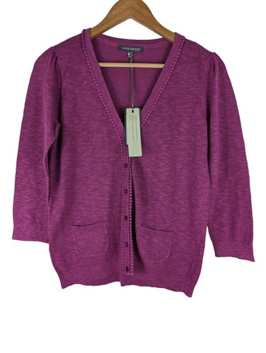 Laura Ashley Cardigan Purple, Linen Cotton Blend Button Up V-Neck Size 8