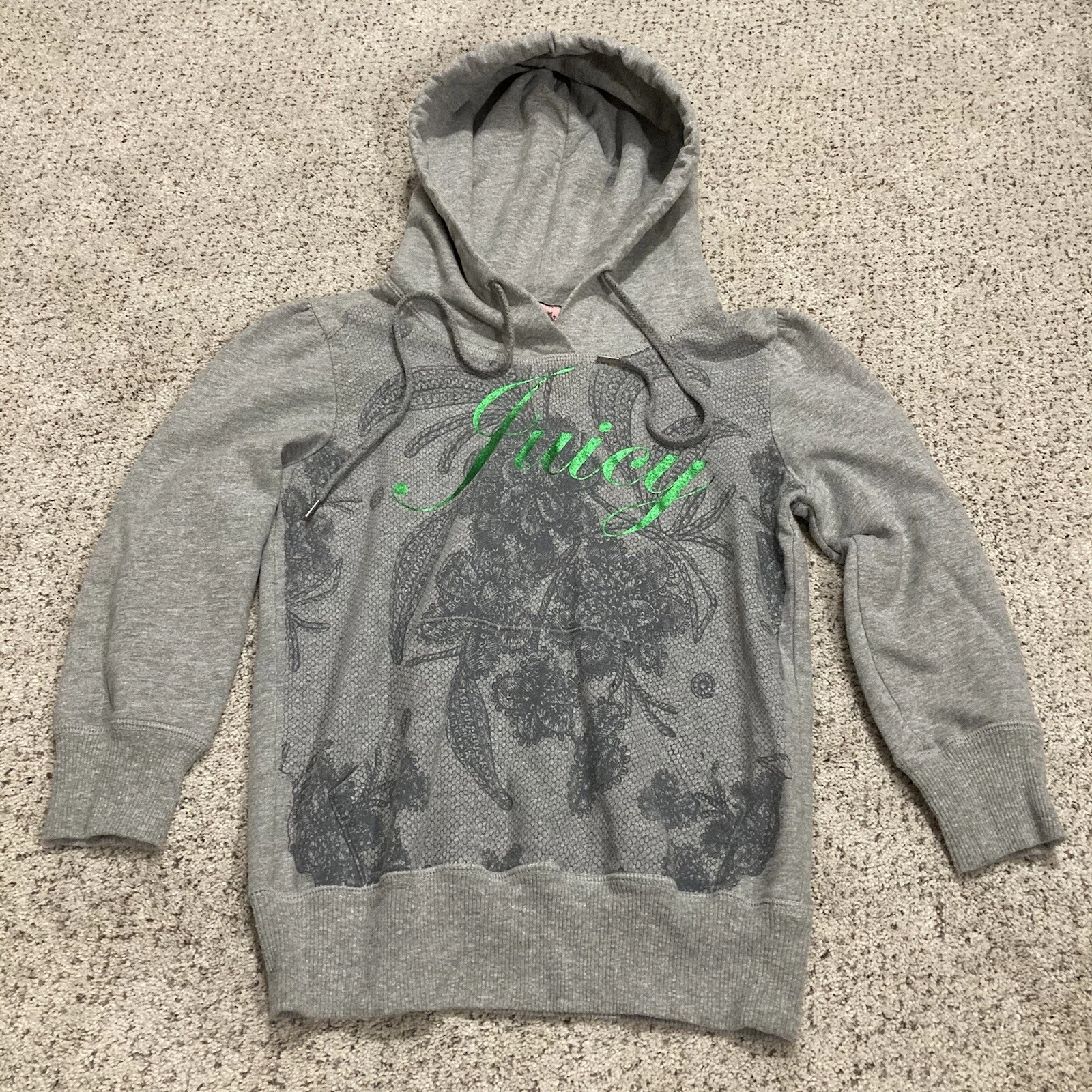 Juicy Couture Gray Pullover Green Metallic Logo Hoodie 3/4 Sleeve Sz Small