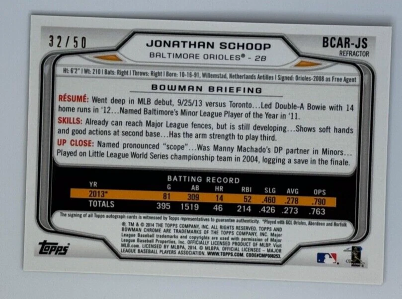 2014 BOWMAN CHROME JONATHAN SCHOOP AUTO 32/50 GOLD REFRACTOR BALTIMORE ORIOLES - Image 2 of 2