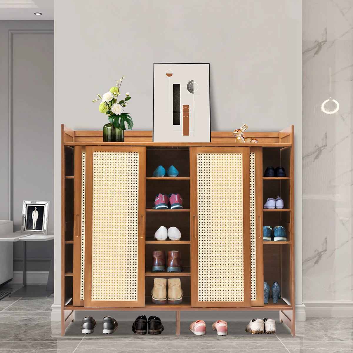 6 Tier Shoe Cabinet With Two way Sliding Door Shoe Shelf Storage Organizer Brown