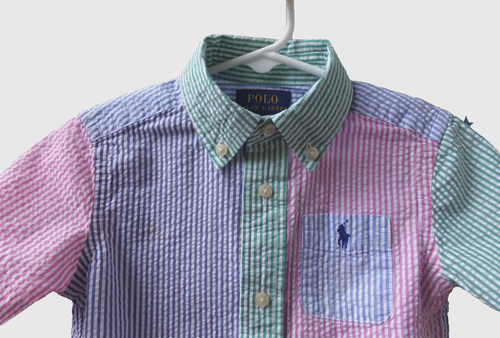 FLAWS Ralph Lauren Pink Seersucker Shirt Boys 2T Color Block Striped Button Blue - Picture 4 of 14