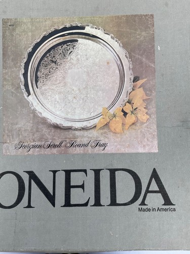 1987 ONEIDA Ltd. Silverplate "GEORGIAN SCROLL" Round Tray 12 1/2" W/box - Picture 13 of 13
