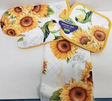 3 pc KITCHEN SET:1POT HOLDER,1OVEN MITT,1MICROFIBER TOWEL,SUNFLOWERS & BIRD,K&Co