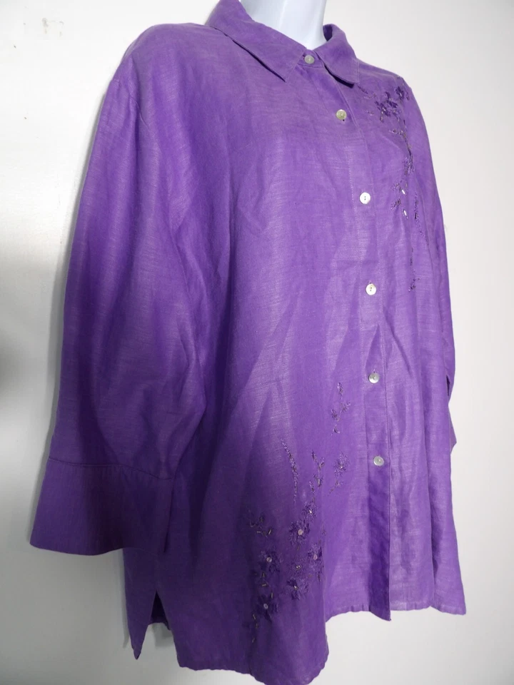 Laura Scott Woman 20W Shirt Top Linen Purple Blouse Beaded Embroidered Lagenlook - Image 3 of 4