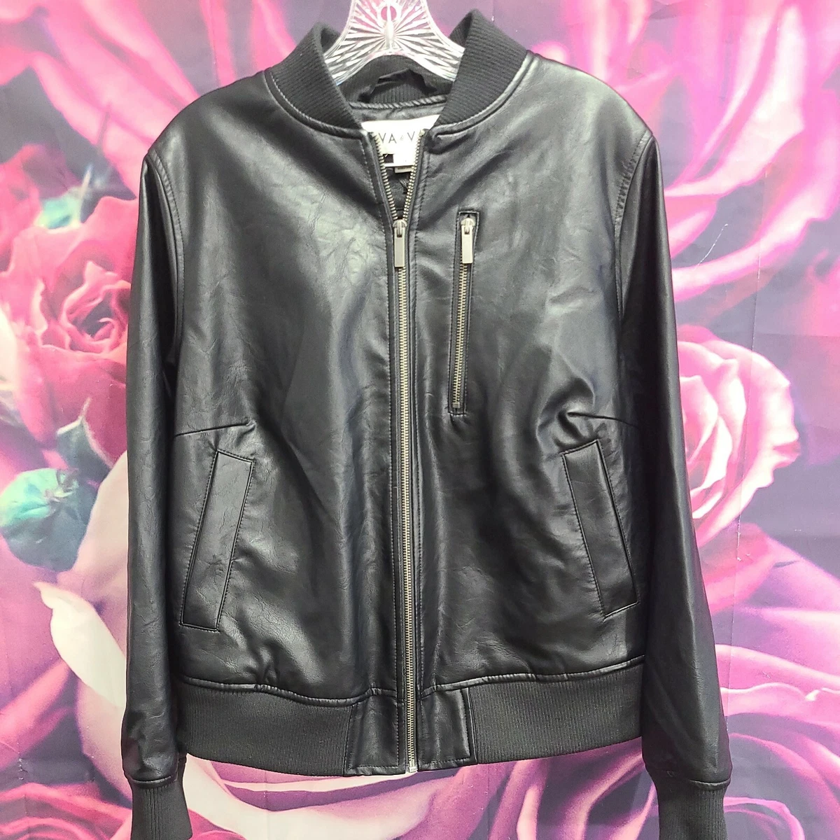 Ava Viv Black Long Sleeve Unisex Faux Leather Bomber Jacket