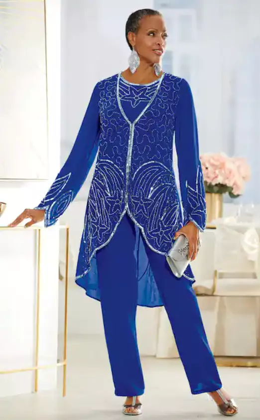 Size 6 Ashro Yasia BLUE Mother Of The Bride Wedding 3 Pc Duster Pant Set  Suit