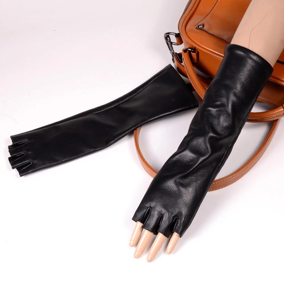 Women's Real Leather Semi-finger Fingerless Party Evening Opera/Long Gloves - Image 2 of 4