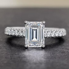 2.20CTW Emerald Cut Moissanite Hidden Halo Engagement Ring 14K White Gold Plated