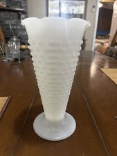 Vintage 9 1/2" Tall Hobnail Milk Glass Round Vase with Ruffled Top