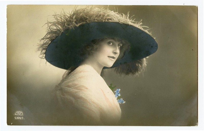 c 1910 Pretty young Lady LARGE HAT FASHION vintage photo postcard