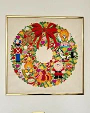 Vtg 70s Crewel Embroidery Christmas Wreath Fantasy Sunset Completed 16" Framed