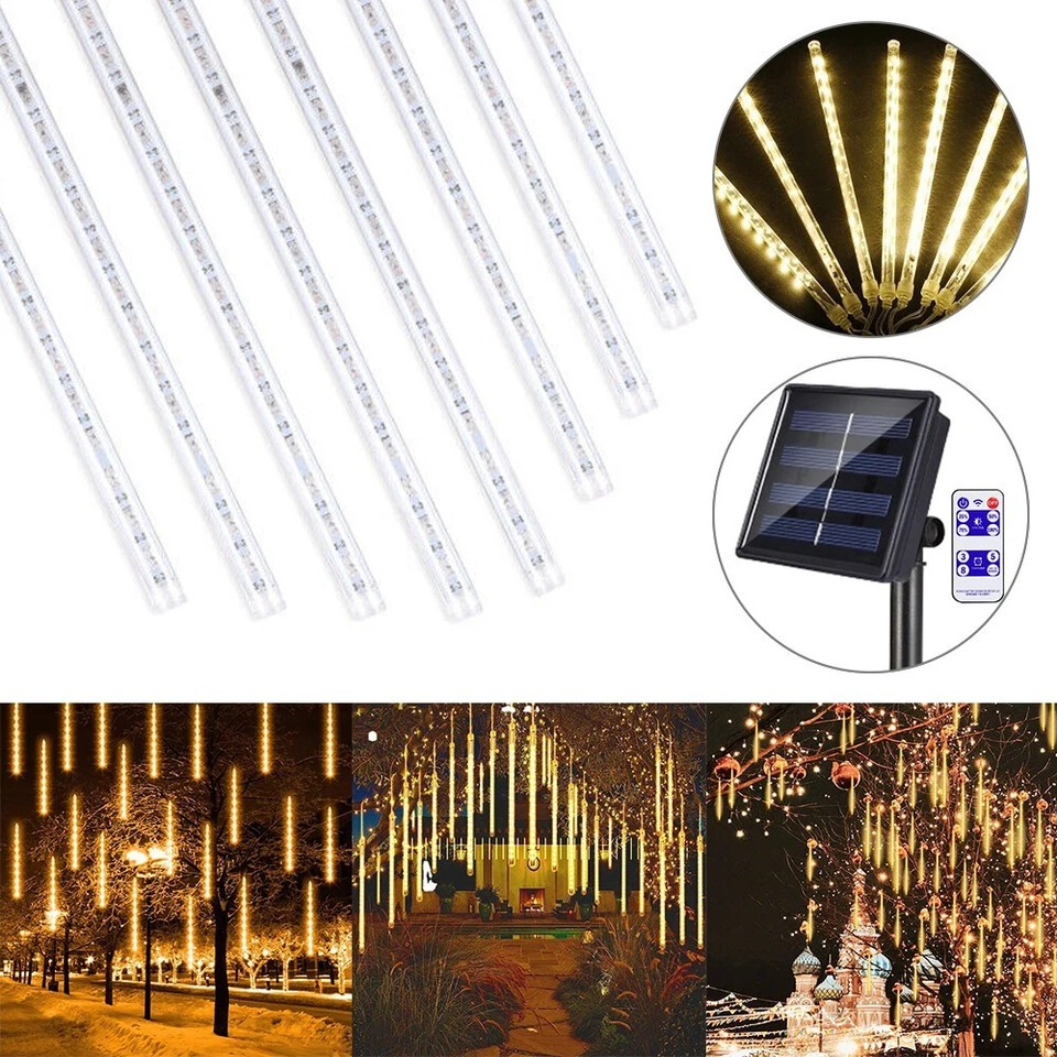 Luces de Navidad solares para lluvia de meteoros al aire libre 8 tubos 288 LED cadena de luces LED Foto 3 de 4