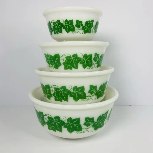 VTG Hazel Atlas Green Ivy Milk Glass Nesting Mixing Bowls Set Of 4 Cottagecore