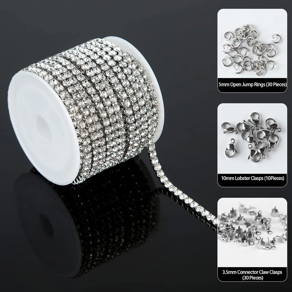 16.4 Feet Clear Crystal Rhinestone Close Chain, Silver Stainless Steel Trimming - Image 2 of 4