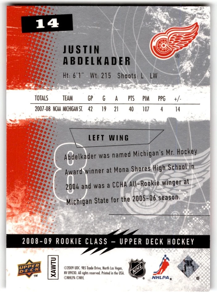 2008-09 Upper Deck Class Justin Abdelkader Rookie #14 Detroit Red Wings - Image 2 of 2